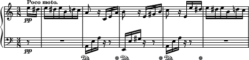  { \new PianoStaff << \new Staff \with { \magnifyStaff #5/7 } \relative c'' { \set Staff.midiInstrument = #"electric piano 1" \clef treble \hide Score.MetronomeMark \time 3/8 \tempo 8 = 116 \partial 8 e16\pp^\markup { \bold "Poco moto." } dis | \tempo 8 = 128 e16 dis \tempo 8 = 156 e b d c | a8 r16 c, e a | b8 r16 e, gis b | c8 \tempo 8 = 132 r16 e, e' dis | \tempo 8 = 144 e16 dis\tempo 8 = 156 e b d c | } \new Staff \with { \magnifyStaff #5/7 } \relative c { \set Staff.midiInstrument = #"electric piano 1" \clef bass \partial 8 r8\pp | R4. a16 e' a r16 r8 | e,16 e' gis r16 r8 | a,16 e' a r16 r8 | R4. | } \new Dynamics = "pedalOne" { \magnifyMusic #5/7 { \partial 8 s8 | s4. | s4\sustainOn s16. s32\sustainOff | \once \override SustainPedal.extra-offset = #'(0.8 . 0) s4\sustainOn s16. s32\sustainOff | \once \override SustainPedal.extra-offset = #'(0.8 . 0) s4\sustainOn s16. s32\sustainOff | s4. | } } >> } 