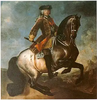 Portret van hertog Karel Alexander van Württemberg te paard door August Querfurt.