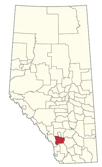 Kaart van Alberta met aanduiding van Foothills County (rood)