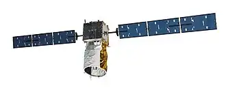 Een door ESA gebouwd 1:10 schaalmodel van de satelliet Aeolus