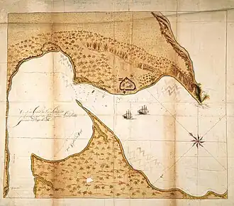 Kaart van de Delagoabaai met Fort Lijdzaamheid aan de noordelijke oever