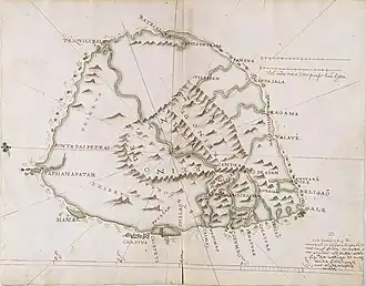 Portugese kaart van Ceylon uit 1606, met het noorden links en Batticaloa aan de oostkust boven.