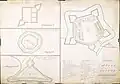 Rechts de plattegrond van het fort in 1683. Links plattegronden van kleinere forten in de buurt van Jaffna