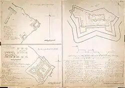 Plattegrond van ca. 1700 van het fort met de Kat op de binnenplaats en pakhuizen er buiten.