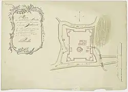 Plattegrond van de "Veld-Schans Anke, geleegen omtrent 1 uur gaans bewesten Batavia". (C.A. Luepken (landmeter en kaartenmaker), 1682, collectie Nationaal Archief, 's-Gravenhage)