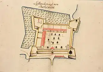 Plattegrond uit 1721 vanuit het zuidoosten. Aan de voorkant bastions Galle en Amsterdam (met vlag) en achter Colombo (met klokkentoren) en Haarlem.