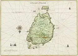 Historische kaart van São Tomé[6] (met het noorden onderaan)
