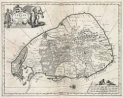 Kaart van Ceylon uit 1672, met Kandy in het midden van het eiland