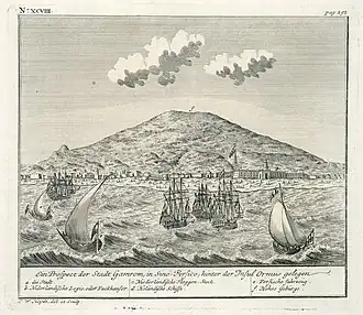 Gezicht op de Perzische stad Gamron rond 1740, met Hollandse en Perzische schepen op de rede. Helemaal rechts de VOC loge en vlag.