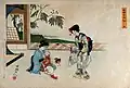 Japanse prent met een voedster, waarbij de moeder toekijkt, door Toyohara Chikanobu