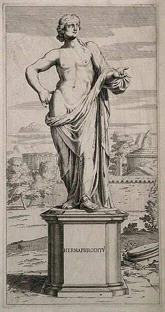Gravure van sculptuur van Hermaphroditus