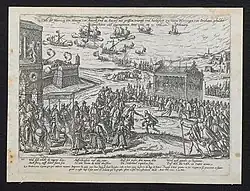Aankomst van de hertog van Anjou te Antwerpen op 19 en 22 februari 1582 (Prentenkabinet Universiteit Antwerpen)