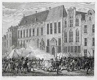 Aanval op het stadhuis in Nijmegen op 7 augustus 1705. De orangistische Oude Plooi verliest een gevecht tegen de staatsgezinde Nieuwe Plooi.
