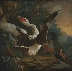 Vogels in een landschap: gans, ijsvogel, eend, kievit 1700-1731