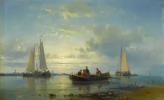 Vissersschepen aan de kust door Abraham Hulk sr.