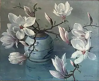 Schilderij van Abraham Segaar met magnolia bloesem in een vaas