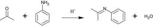 Vorming van een imine door de condensatie van aceton met aniline.