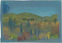 Across the Valley, pastel op helderblauw Japans papier (18,9 c 27 cm)