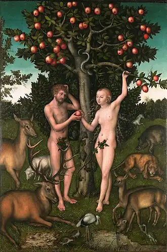 Adam en Eva eten van de boom van de kennis van goed en kwaad, geschilderd door Lucas Cranach de Oude