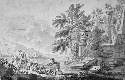 Arcadisch landschap met een kudde schapen en geiten langs een meer