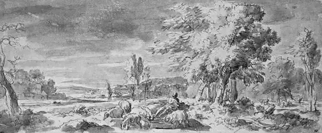 Landschap met een kind dat zijn tijd verdoet met het bewaken van varkens