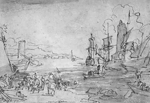 Zeehaven met schepen en punters, en vier ruiters op de oever