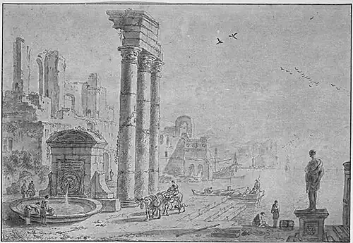 Ruïnes van een tempel en een stad aan de oevers van een meer