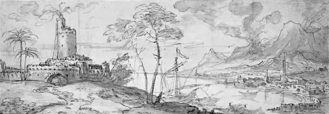 Gezicht op een stad achter een baai