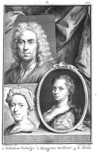 Margaretha Wulfraet (rechts), Richard Bleek (links) en Nicolaas Verkolje (boven) - gravure door Jacob Houbraken naar Aert Schouman, in Jan van Gools De nieuwe schouburg, 1750