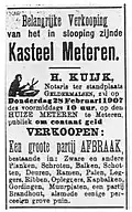 Krantenartikel over afbraak kasteel Meteren