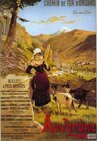 Vic-sur-Cère op een affiche van de Compagnie du chemin de fer de Paris à Orléans, ca. 1890