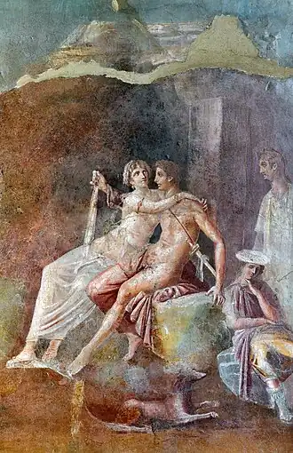 Romeinse fresco van Dido en Aeneas. Nationaal archeologisch museum van Napels