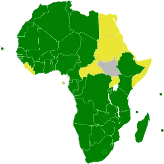 Lidstaten van de Afrikaanse Unie die deel uitmaken van de Kernwapenvrije Zone (groen).