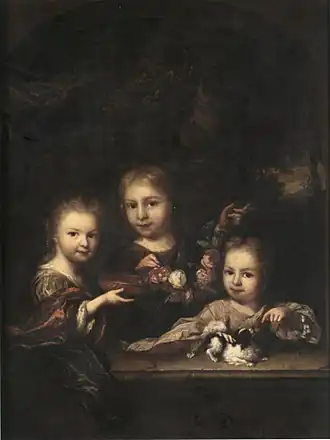 Detail van een schilderij met links Agatha Levina Geelvinck (1701-1761), ca. 1705