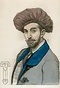 Getekend zelfportret van Agathon Fabergé dat als muurschildering werd gereproduceerd