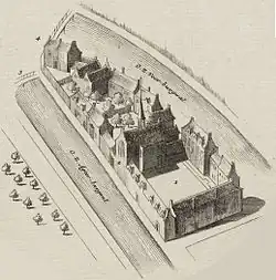 De Agnietenkapel en -klooster (1544). Vogelvlucht vanuit het noorden. Bovenaan het Huis aan de Drie Grachten
