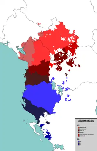 In het blauw wordt de leefgebied van de Toskische Albanezen weergegeven