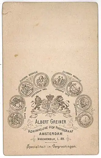 Reclameopdruk op achterzijde carte-de-visite, ca. 1880