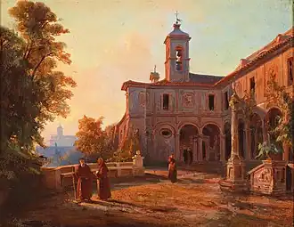 "Terrasse der Klosterkirche Sant'Onofrio al Gianicolo in Rom", schilderij van Albert Eichhorn, eerste helft 19e eeuw