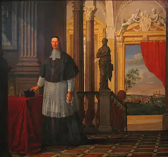 Portret van bisschop Albrecht Sigismund van Beieren met wapen met Moor boven het portaal