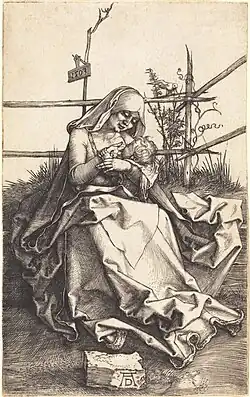 Maria met kind aan de borst bij een hek[37] 1503 Kopergravure 114 x 71 mm Bartsch 34