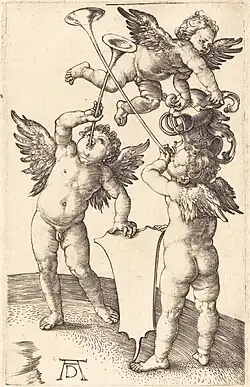 Drie putti met trompetten, schild en helm[31] 1498-1502 Kopergravure 114 x 72 mm Bartsch 66