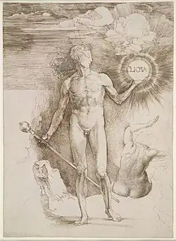 Albrecht Dürer, Apollo met de zonneschijf, ca. 1504, Londen, British Museum. Het opschrift APOLO staat in spiegelbeeld, een aanwijzing dat de tekening een voorstudie is voor een prent die nooit gemaakt is.