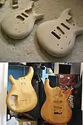 Electrische gitaren (in aanbouw) van elzen, met en zonder olie
