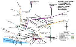 Trein (paars) en metro rond Liverpool Street in 1906.