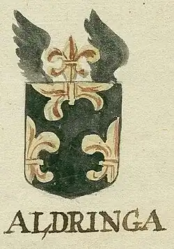 Het wapen van het geslacht Aldringa zoals vroeger aanwezig op een gebrandschilderd officiersglas uit ca. 1660 in de Nieuwe Kerk in Groningen. Allard (of Allert) Aldringa was toen een van de burgemeesters van Groningen.