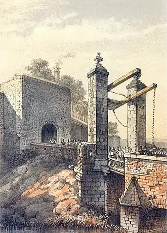 Veldzijde van de Boschpoort (kleurenlithografie van Alexander Schaepkens, ca. 1860?)