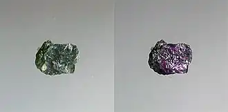 Alexandriet; links: in daglicht; rechts : in fluorescerend licht