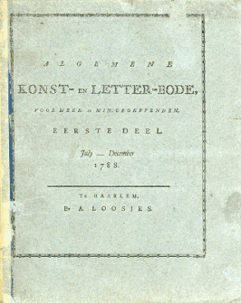 Voorzijde van de Algemene konst- en letter-bode, voor meer- en min-geoeffenden (1788), de voorganger van de Algemeene konst- en letter-bode