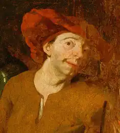 Waarschijnlijk zelfportret van Herman Verelst, onder alias Almanach, detail uit Kaartspelers 2e helft 17e eeuw.